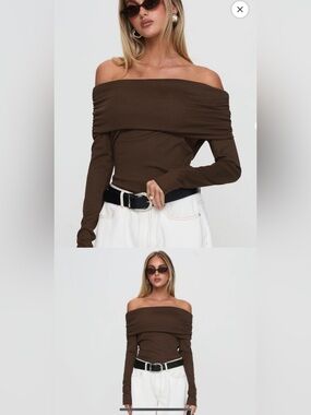 Off-Shoulder Long Sleeve Bodysuit in Chocolate Brown